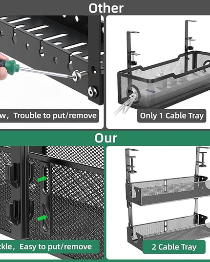 Multi-Model Under Desk Cable Management Tray 2 Packs Metal Under Desk Wire Management Clamp Mount Under Table Cord Management No Damage The Desk (Black)