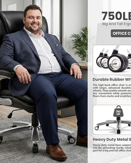 750lbs Heavy Duty Desk Chair with 3D Kneading Massage, Big and Tall Office Chairs with Ergonomic Support, 4D Armrests, 5 Quiet Dual Rubber Wheel, Thick Pocket Spring Cushion(Black, PU)