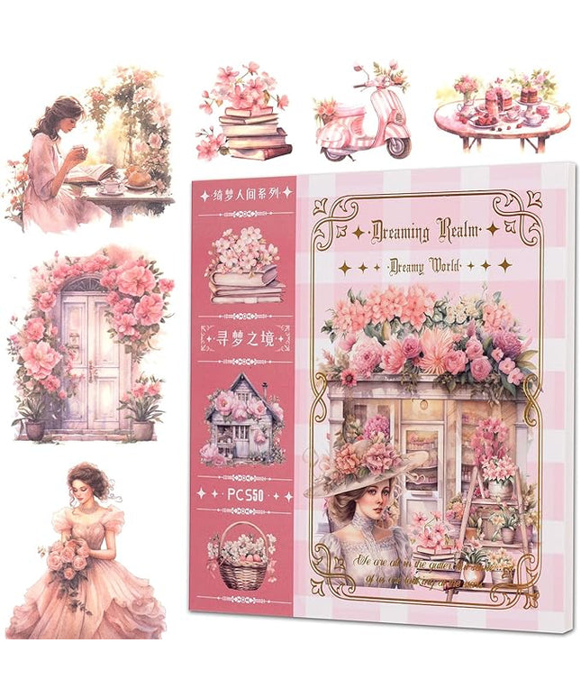 YagCu Garden Journaling Stickers, 50 Sheets Washi Junk Journal Sticker Book, Scrapbook Supplies, Watercolor Scrapbooking for Adults, Pink Decorative Ephemera Arts Craft