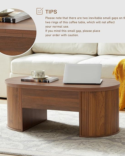 QHITTY Fluted Coffee Table with Lifting Top, Oval Wood Lift Top Coffee Table with Hidden Compartment, Mid Century Pull up Center Tables for Living Room, Office - Walnut