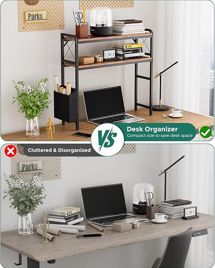 VERSASKY Desktop Shelves, Monitor Stand with Adjustable Shelves and Side Pockets, 2-Tier Desktop Bookshelf Organizer, Large Capacity Display Shelf Rack, Desk Hutch for Home Office, Rustic Brown
