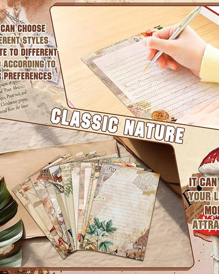 TaoBary 160 Pcs Stationery Paper Set 50 Double Sided Stationery Papers with 50 Matching Envelopes and 60 Round Dot Sticker, 10 Design(Nature Vintage Style,5.5 x 8.25 Inch)