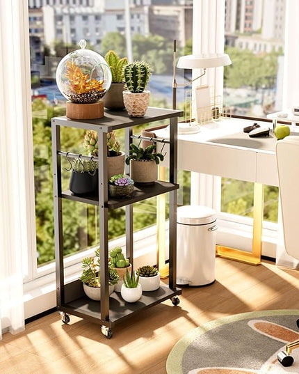 YMYNY Mobile Printer Stand, 3-Tier Printer Cart with Adjustable Storage Shelf and 6 S-Hooks, Tall Printer Table for Home Office, for Computer Tower Stand, Shredder, CPU Stand, Black, UHPT002B