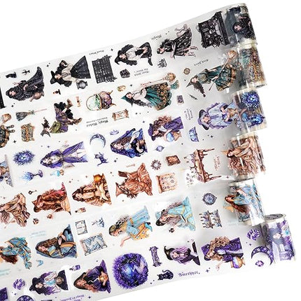 AuriicLeaf Magic-Themed PET Sticker Tape Set – 6 Rolls Pre-Cut Fantasy Witch Designs, Adhesive, with Clip for Scrapbook, Journal and DIY Decoration