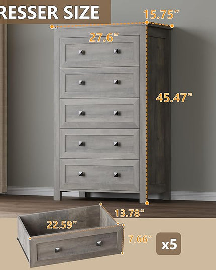 BORNOON Tall 5-Drawer Dresser, Modern Wooden Storage Chest of Drawers, Dresser TV Stand, Wood Drawer Organizer with Metal Handles for Bedroom, Living Room, Hallway