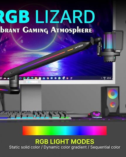 IXTECH RGB Low Profile Boom Arm for Mic, Adjustable Microphone Arm Stand with Desk Mount Clamp, Rotatable Microphone Boom Arm Mic Stand with Cable Management for Podcast Streaming Gaming Studio.