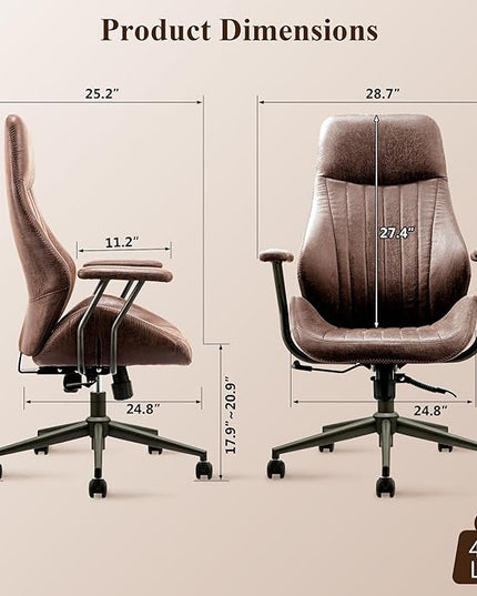 Mid Century Modren Office Chair,High Back Ergonomic Executive Chair with Lumbar Support, Computer Desk Swivel Task Chair with Wheels, Faux Lether Suede Fabric Home Chair (Dark Brown)