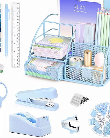 Blue Office Desk Accessories Supplies, 10pcs Desk Organizers and Accessories with Tape Dispenser and Stapler,Staples,Scissor,Ruler,Sticky Tabs,Tape,Ballpoint Pen,Clips Set
