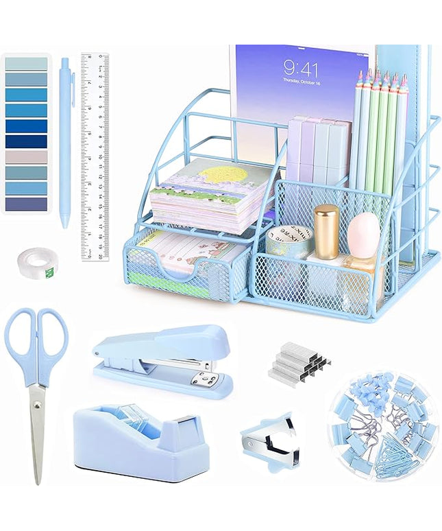Blue Office Desk Accessories Supplies, 10pcs Desk Organizers and Accessories with Tape Dispenser and Stapler,Staples,Scissor,Ruler,Sticky Tabs,Tape,Ballpoint Pen,Clips Set
