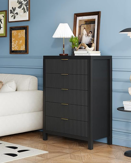 JZXSHD 5 Drawer Dresser, 43" Tall Dresser Organizer TV Drawer Cabinet Modern Wood Storage Cabinet, Modern Wood Storage Cabinet for Bedroom, Hallway, Entryway, Black Oak X 2