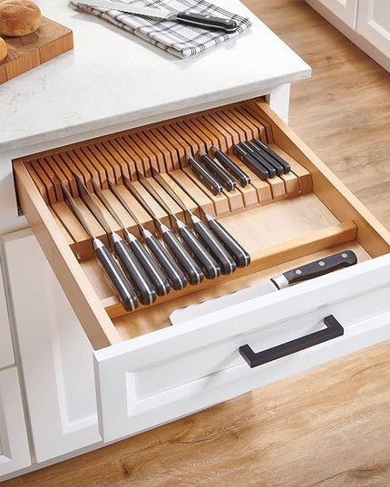Rev-A-Shelf Dual Row Trim To Fit Knife Block Drawer Organizer with Storage Holder for Kitchen Utensils, 55 Slot Cutlery Tray, Wood, 4WDKB-1