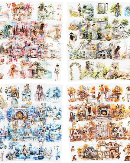 MiyouLuna Seasons Journey Pre-Cut PET Sticker Set, 80 Sheets of Seasonal Travel-Themed Stickers for Scrapbooking, Journaling, DIY Crafts, and Junk Journal Ephemera