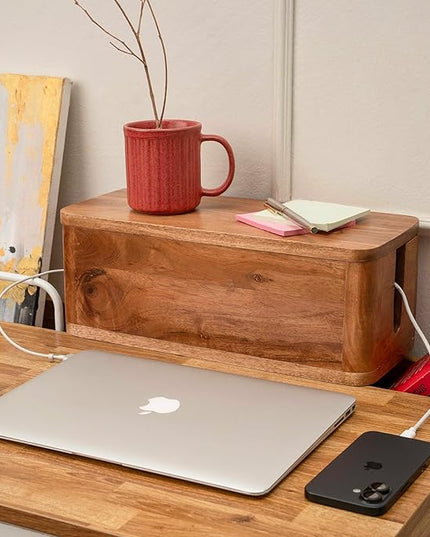 Large Cable Management Box - Acacia Wood - Cable Organizer Box and Power Strip Box for Electrical Cord Management - Hide Desk Cord and Floor Cables - Wire Storage and Organization for Cords