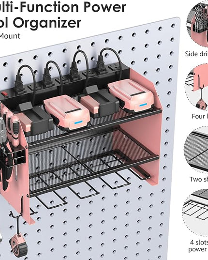 CCCEI Modular Power Tool Organizer Wall Mount with Charging Station. Garage Drill Storage Shelf with Hooks, Heavy Duty Rack, Tool Battery Holder Built in 8 Outlet. Gift for Men. Pink, 1 Pack.