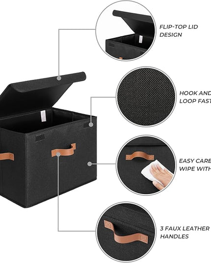 GRANNY SAYS Black Storage Bins with Lids, Decorative Storage Boxes with PU Handles, Linen Closet Organizer, Storage Baskets for Shelves, Fabric Storage Bins for Clothes, Extra Large