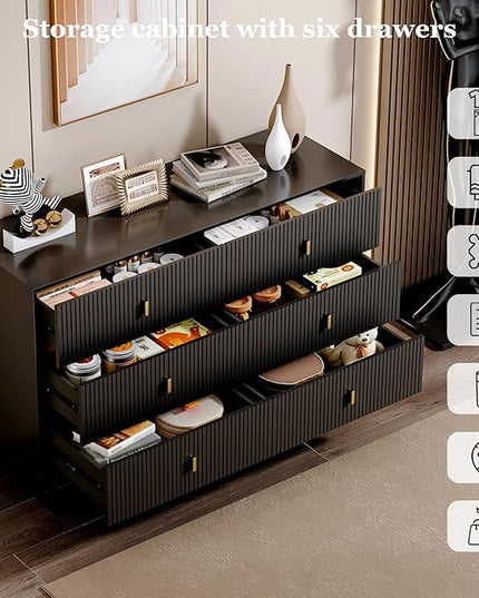 Chrangmay Modern Chest of Drawers with 6 Drawers,Deep Drawers,Clothes Organizer,Large Storage Cabinet for Living Room, Bedroom,Hallway,with Anti-Tipping Device,Black