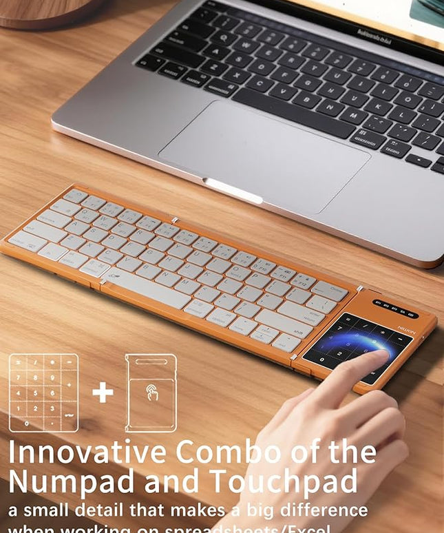 Nillkin Upgraded Foldable Bluetooth Keyboard with Touchpad & Number Pad, Portable Wireless Keyboard for Travel, Pocket-Sized, Full Size Keys, Support 3 Devices for iPad Laptop Tablets Phone, Orange