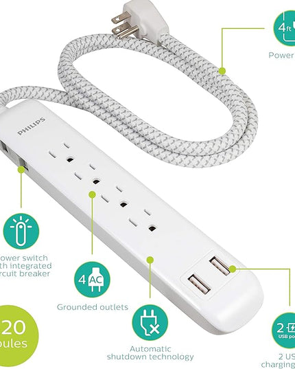 Philips 4 Outlet Power Strip Surge Protector with 2 USB Ports, 4 Ft Power Cord, Designer Braided Extension Cord, Flat Plug Extension Cord, 720 Joules, White, SPC6244WC/37