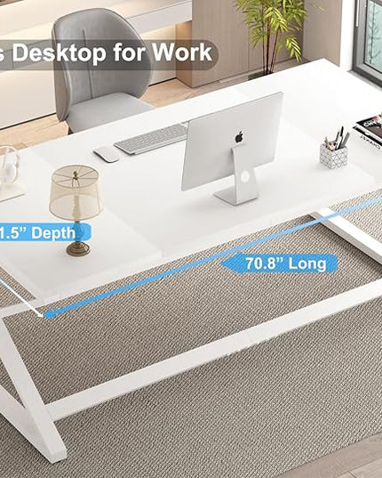 IBF Long White Computer Desk, Modern Simple Large Home Office Desk, Wood Metal Work Study Writing Table for 2 Monitors, Double Pc Gaming Executive Workstation in Bedroom Living Room, White Oak,70 in