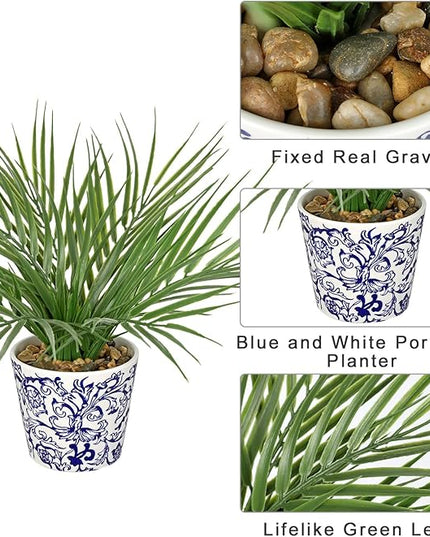 Hollyone Large Artificial Potted Plants Fake Palm Plants 13" Faux Green Plant Plastic Tropical Palm Tree in Blue and White Porcelain Ceramic Pots for Home Room Office House Indoor Decoration