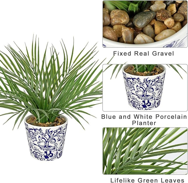 Hollyone Large Artificial Potted Plants Fake Palm Plants 13" Faux Green Plant Plastic Tropical Palm Tree in Blue and White Porcelain Ceramic Pots for Home Room Office House Indoor Decoration