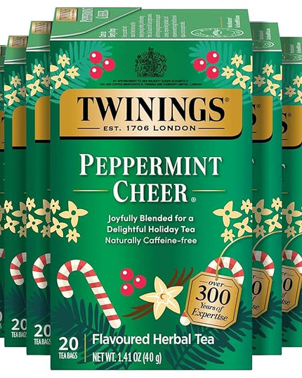 Twinings Peppermint Cheer Herbal Tea Individually Wrapped Bags, 20 Count (Pack of 6), Peppermint & Creamy Vanilla, Naturally Caffeine-Free, Enjoy Hot or Iced, 120 Teabags