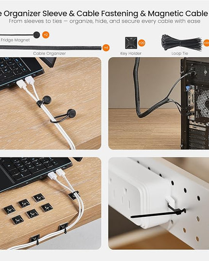 EUREKA ERGONOMIC 316 PCS Cable Management Organizer Kit Cable Raceways, 6 Cable Holder, 4 Cord Sleeve, 60 Wire Clips,2 Roll Self Adhesive Wire Ties, 100 Zip Ties for Office Home Under PC Desk, Black