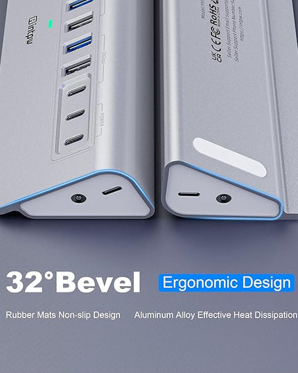 YH9AC Powered USB Hub 10Gbps, intpw 12 Port USB C Hub with 10Gbps USB C 3.2+2 USB A 3.2, 7 USB 3.0, 2 PD 45W Charging Port, 65W Power Adapter + 3.3FT Cable, Aluminum USB Hub for Laptop/iPhone 17/16/PC