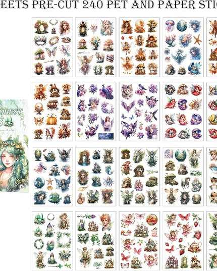 Auguro Scrapbook Fantasy Stickers 20 Sheets 240 Pre-Cut Washi Stickers for Journaling PET Transparent Fairy Sticker Decorative or DIY Paper Crafts, Arts and Crafting Projects