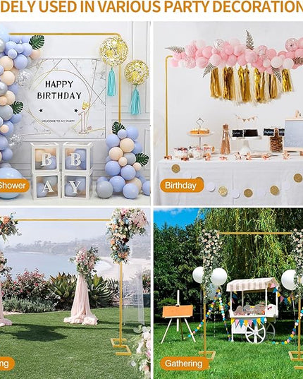 8.2FT Square Arch Backdrop Stand,Metal Gold Backdrop Stand Heavy Duty Adjustable,Extra 2 Clamps Change Over The Table Rod Stand,Wedding Balloon Arch Stand for Valentine Parties Decoration