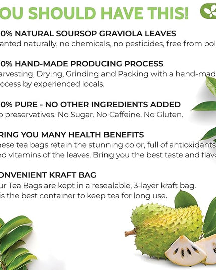 FreshDrinkUS, Premium 75 Soursop Graviola Leaf Tea Bags, 100% Natural and Pure from Soursop Leaves, Handmade, Made With Natural Materials-Corn Fiber Tea Bag, Sugar/ Caffeine/ Gluten Free, Hoja Guanabana Tea
