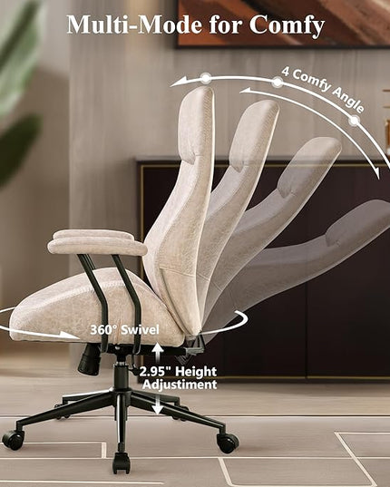 Mid Century Modren Office Chair,Computer Desk Swivel Task Chair with Wheels, High Back Ergonomic Executive Chair with Lumbar Support, Faux Lether Suede Fabric Home Chair (High Back, Beige)