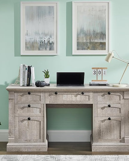 OKD 60" Executive Desk with Drawers, Farmhouse Home Office Desk with Charging Station, Keyboard Tray, File Cabinet Storage, Wood Computer Desk for Work and Study, Light Rustic Oak