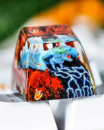 Blue Dragon with Volcano Artisan Keycap R1 SA Profile Custom Fantasy Dragon Keycaps 1U ESC Handmade Gaming Resin Key Cap Cherry MX Switch Compatible Mechanical Keyboard Dragon Lover Gift