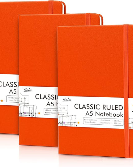 feela 3 Pack Notebooks Journals Bulk with 3 Black Pens, A5 Hardcover Notebook Classic Ruled Lined Journal Set with Pen Holder for Work Business Journaling Note Taking, 120 GSM, 5.1”x8.3”, Orange