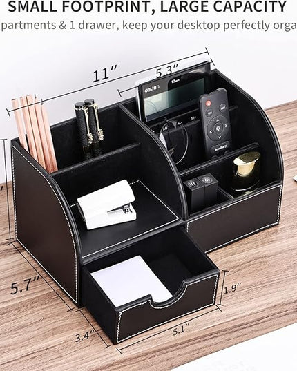 KINGFOM Pu Leather Desk Organizer Pen Pencil Holder Office Supplies Caddy Storage Box 6 Compartments with Drawer Black (Full Pu Leather)