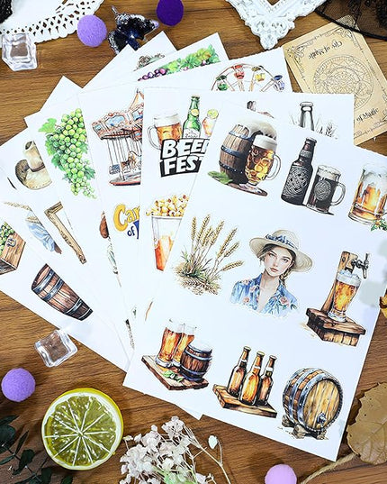 Snycler Sticker Book - 20 Sheets Vintage PET Stickers for Scrapbooking, Junk Journaling, Ephemera, and Decorative Crafts-Bubbly Feast