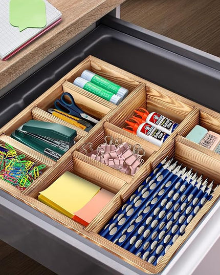 TEESSFROOD Desk Drawer Organizer Tray with 9 Adjustable Compartments, Wooden Office Desk Accessories Supplies Organization Storage for Desktop Bathroom Vanity Makeup 12" x 9" (Brown)