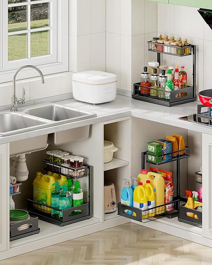 Under Sink Organizer and Storage, Height Adjustable Cabinet Organizer with Slide Out Drawer, Pull Out Under Sink Storage, Multi-Purpose 2 Tier Sink Shelves for Kitchen Bathroom Pantry (Black, 1 Pack)