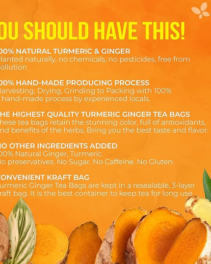 FreshDrinkUS, Premium 85 Ginger Turmeric Tea Bags, 100% Natural Ingredients, Hand-made Blend of Ginger and Turmeric Herbal Tea, Eco-conscious Tea Bags. No Sugar, No Caffeine, No Gluten, Vegan.