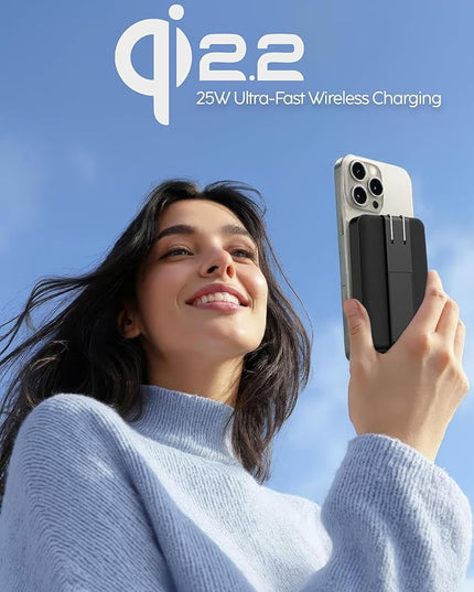 myCharge CliqLuxe+ Magnetic Wireless Power Bank 10,000mAh | iPhone & MagSafe Compatible | Qi2.2 25W Mag Safe Portable Charger | Built-in Wall Plug & Stand | 20W PD USB-C Port | Premium Black Fabric