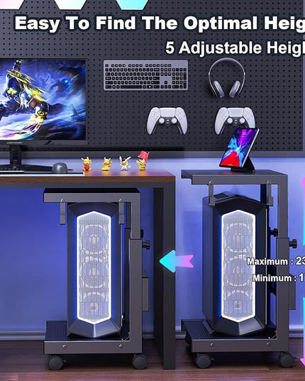 Computer Tower Stand with Charge Station and USB Charging Port - Height Adjustable PC Tower Stand, Under Desk CPU Holder Cart with Locking Caster Wheels for Fits Most PC