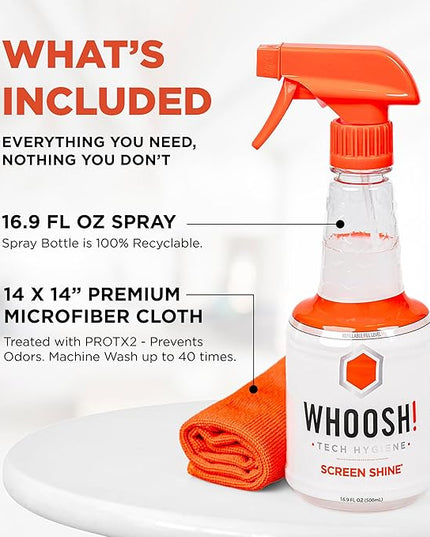 WHOOSH! Screen Shine Pro 16.9 fl oz Refillable Screen Cleaner for TV, OLED, and Monitors – Streak-Free Spray with Microfiber Cloth – Safe for Flat Screen, LCD, Smart Displays – Non-Toxic and Odorless