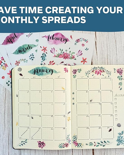 Transparent Monthly Planner Stickers - 12 Clear Sticker Sheets with Beautiful Watercolor Stickers & Undated Calendar Sticker Months - Planner, Scrapbooking and Journaling Supplies (Floral)
