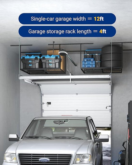 FLEXIMOUNTS 4x4 Overhead Garage Storage Rack, Adjustable Organization System, Heavy-Duty Metal Ceiling Racks, 350lbs Weight Capacity, Black, Classic Series