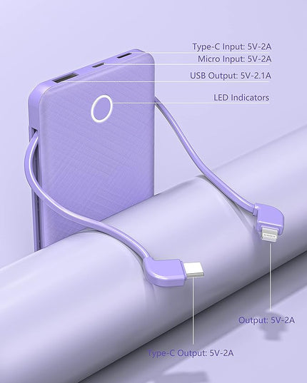 6000mah Ultra Slim Built in Cables Power Bank, Card Size Built in USB C Cords Battery Pack Portable Charger for Phones, 3 Output External Battery Pack Compatible with iPhone, 2-Pack White & Purple