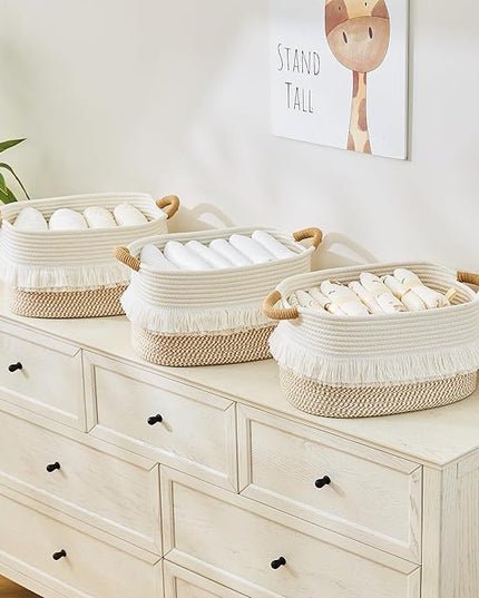Storage Bins Woven Baskets for Storage Set of 3, Cotton Rope Basket with Handles for Toys/Shelves/Laundry, Rectangle Multi-Purpose Organizer for Living Room, Bedroom, Nursery (White/Brown)
