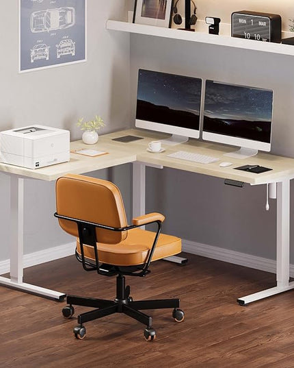 FLEXISPOT L Shaped Standing Desk, 63 x 55 Inch Electric Height Adjustable Corner Desk, Sit Stand Computer Workstation, Preset Controller, Home Office, White Frame with Maple Top