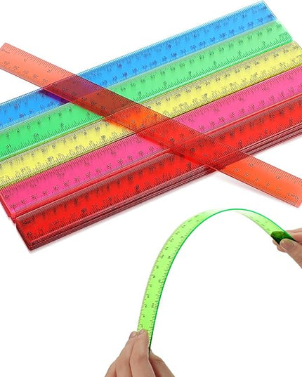 Zonon 50 Pcs 6 Inch/12 Inch Plastic Rulers Bulk Flexible Straight Rulers with Inches Centimeters First Day of School Gift Students Back to School Office Home Supplies(Clear Colorful,12 Inch)