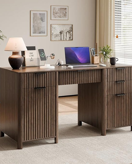 58" Fluted Home Office Desks with Storage, Modern Executive Desk Computer Desks with 5 Drawers & Cabinet, Wood Work Desk File Drawer for Office, Bedroom, Study, Living Room, Walnut